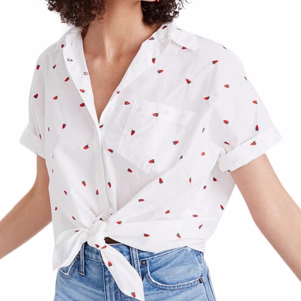 Madewell Embroidered Short-Sleeve Tie-Front Shirt